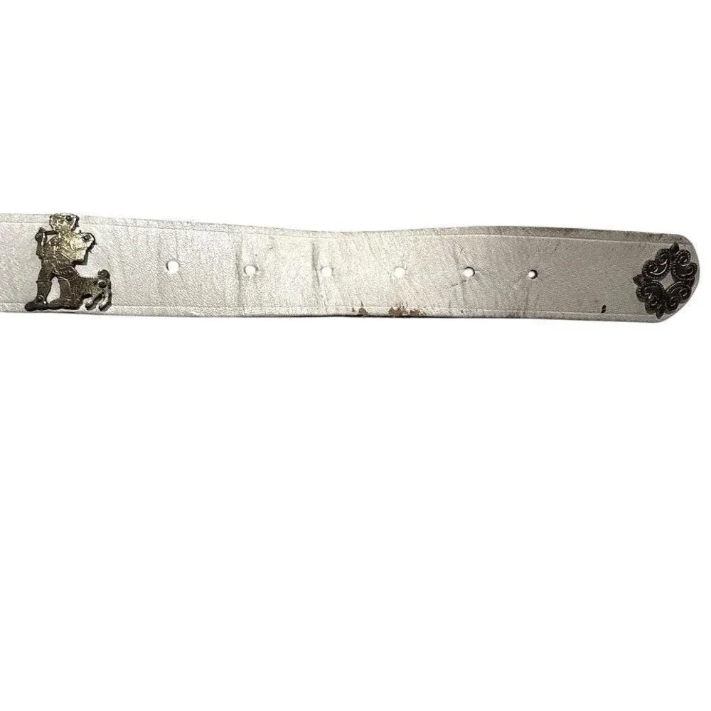 Vintage White‎ Leather Belt Brass Cow Herder Swiss Folk Art Cottagecore 33 Inch